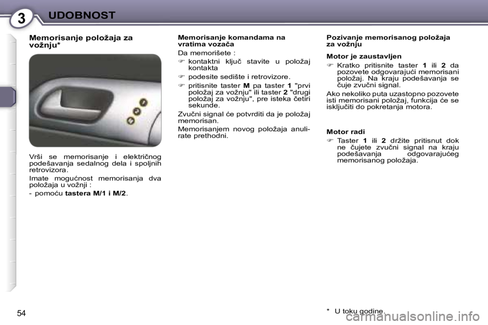 Peugeot 407 2006  Упутство за употребу (in Serbian) �3�U�D�O�B�N�O�S�T� 
�5�4
�M�e�m�o�r�i�s�a�n�j�e� �p�o�l�o�ž�a�j�a� �z�a�  
�v�o�ž�n�j�u�*�M�e�m�o�r�i�s�a�n�j�e� �k�o�m�a�n�d�a�m�a� �n�a 
�v�r�a�t�i�m�a� �v�o�z�a�č�a�  
�D�a� �m�e�m�o�r�i�š�e�t
