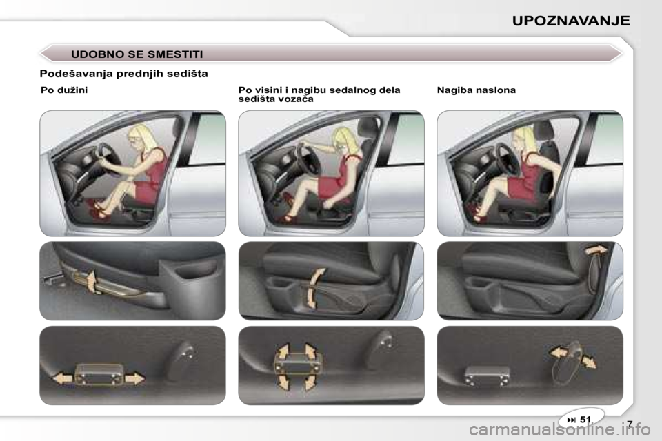 Peugeot 407 2006  Упутство за употребу (in Serbian) �7
�U�P�O�Z�N�A�V�A�N�J�E� 
�U�D�O�B�N�O� �S�E� �S�M�E�S�T�I�T�I
�� �5�1
�P�o�d�e�š�a�v�a�n�j�a� �p�r�e�d�n�j�i�h� �s�e�d�i�š�t�a
�P�o� �d�u�ž�i�n�i �P�o� �v�i�s�i�n�i� �i� �n�a�g�i�b�u� �s�e�d�
