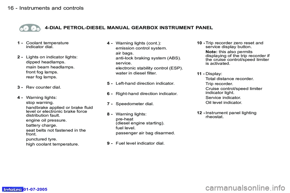 Peugeot 407 2005.5  Owners Manual �I�n�s�t�r�u�m�e�n�t�s� �a�n�d� �c�o�n�t�r�o�l�s�1�6 �-
�0�1�-�0�7�-�2�0�0�5
�1�7�I�n�s�t�r�u�m�e�n�t�s� �a�n�d� �c�o�n�t�r�o�l�s�-
�0�1�-�0�7�-�2�0�0�5
�1� �-� �C�o�o�l�a�n�t� �t�e�m�p�e�r�a�t�u�r�e 