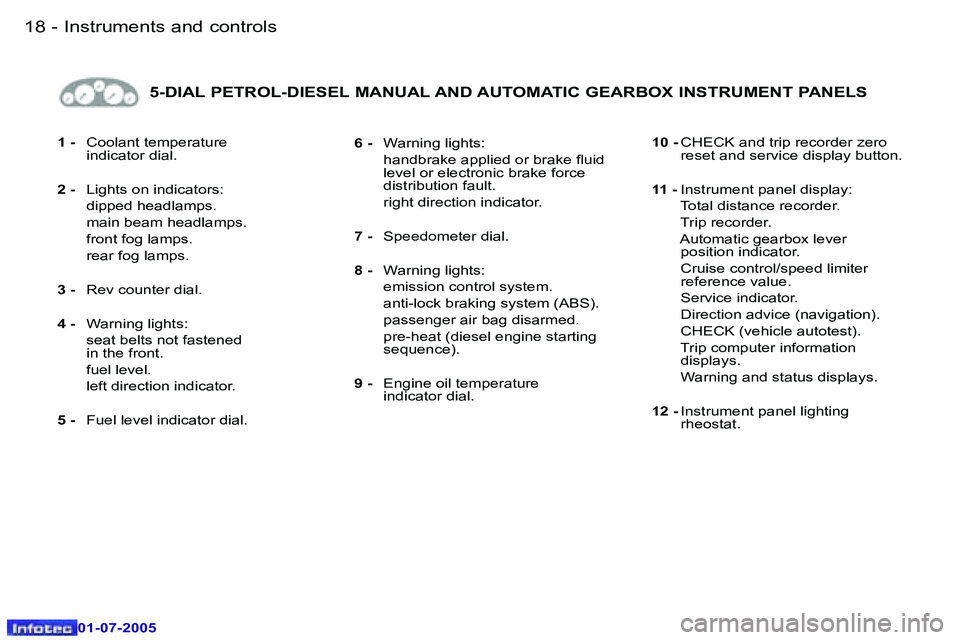 Peugeot 407 2005.5  Owners Manual �I�n�s�t�r�u�m�e�n�t�s� �a�n�d� �c�o�n�t�r�o�l�s�1�8 �-
�0�1�-�0�7�-�2�0�0�5
�1�9�I�n�s�t�r�u�m�e�n�t�s� �a�n�d� �c�o�n�t�r�o�l�s�-
�0�1�-�0�7�-�2�0�0�5
�1� �-� �C�o�o�l�a�n�t� �t�e�m�p�e�r�a�t�u�r�e 
