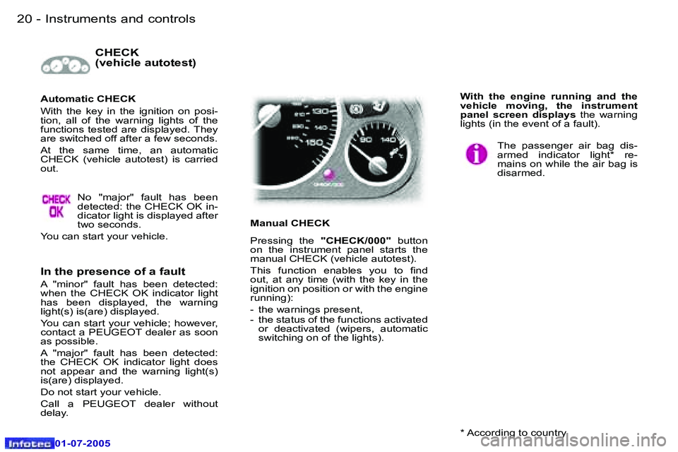 Peugeot 407 2005.5  Owners Manual �I�n�s�t�r�u�m�e�n�t�s� �a�n�d� �c�o�n�t�r�o�l�s�2�0 �-
�0�1�-�0�7�-�2�0�0�5
�2�1�I�n�s�t�r�u�m�e�n�t�s� �a�n�d� �c�o�n�t�r�o�l�s�-
�0�1�-�0�7�-�2�0�0�5
�C�H�E�C�K�  
�(�v�e�h�i�c�l�e� �a�u�t�o�t�e�s�