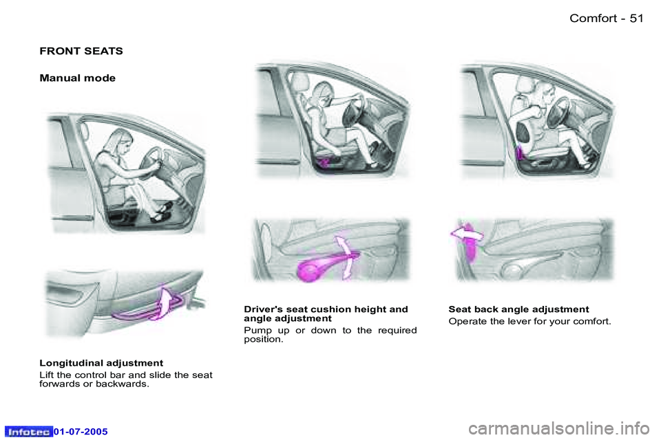 Peugeot 407 2005.5  Owners Manual �C�o�m�f�o�r�t�5�0 �-
�0�1�-�0�7�-�2�0�0�5
�5�1�C�o�m�f�o�r�t�-
�0�1�-�0�7�-�2�0�0�5
�F�R�O�N�T� �S�E�A�T�S
�M�a�n�u�a�l� �m�o�d�e
�L�o�n�g�i�t�u�d�i�n�a�l� �a�d�j�u�s�t�m�e�n�t 
�L�i�f�t� �t�h�e� �c�