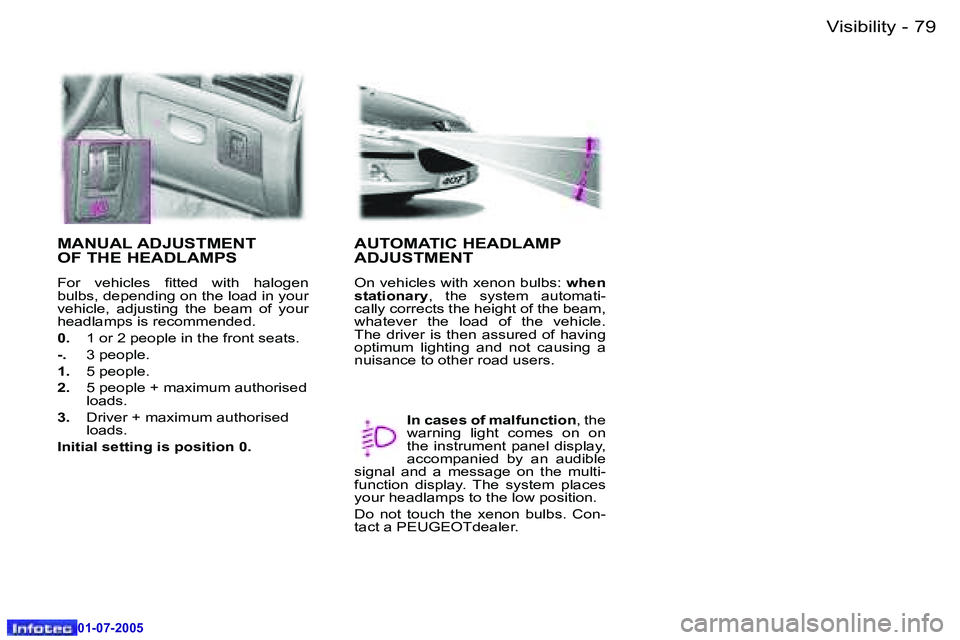 Peugeot 407 2005.5  Owners Manual �V�i�s�i�b�i�l�i�t�y�7�8 �-
�0�1�-�0�7�-�2�0�0�5
�7�9�V�i�s�i�b�i�l�i�t�y�-
�0�1�-�0�7�-�2�0�0�5
�M�A�N�U�A�L� �A�D�J�U�S�T�M�E�N�T 
�O�F� �T�H�E� �H�E�A�D�L�A�M�P�S
�F�o�r�  �v�e�h�i�c�l�e�s�  �i�t�t