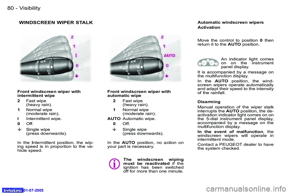 Peugeot 407 2005.5  Owners Manual �V�i�s�i�b�i�l�i�t�y�8�0 �-
�0�1�-�0�7�-�2�0�0�5
�8�1�V�i�s�i�b�i�l�i�t�y�-
�0�1�-�0�7�-�2�0�0�5
� �W�I�N�D�S�C�R�E�E�N� �W�I�P�E�R� �S�T�A�L�K
�F�r�o�n�t� �w�i�n�d�s�c�r�e�e�n� �w�i�p�e�r� �w�i�t�h 
