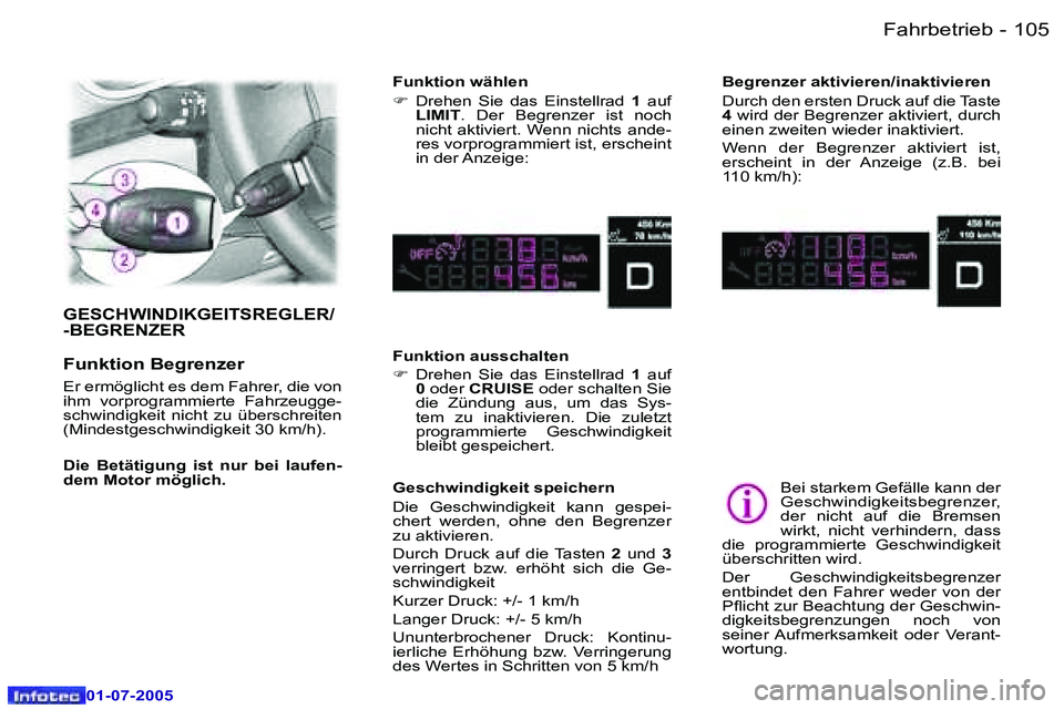 Peugeot 407 2005.5  Betriebsanleitung (in German) �F�a�h�r�b�e�t�r�i�e�b�1�0�4 �-
�0�1�-�0�7�-�2�0�0�5
�1�0�5�F�a�h�r�b�e�t�r�i�e�b�-
�0�1�-�0�7�-�2�0�0�5
�G�E�S�C�H�W�I�N�D�I�K�G�E�I�T�S�R�E�G�L�E�R�/ 
�-�B�E�G�R�E�N�Z�E�R
�F�u�n�k�t�i�o�n� �B�e�g�r