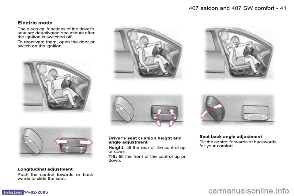 Peugeot 407 2005  Owners Manual �4�0 �-
�1�4�-�0�2�-�2�0�0�5
�4�1
�-
�1�4�-�0�2�-�2�0�0�5
�E�l�e�c�t�r�i�c� �m�o�d�e
�T�h�e� �e�l�e�c�t�r�i�c�a�l� �f�u�n�c�t�i�o�n�s� �o�f� �t�h�e� �d�r�i�v�e�r�'�s�  
�s�e�a�t� �a�r�e� �d�e�a�c�