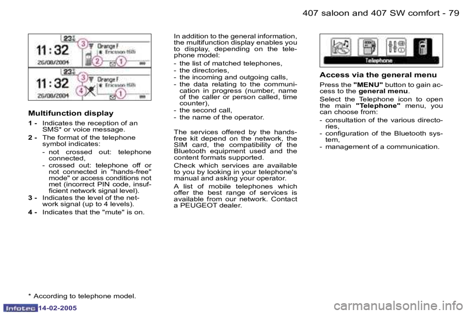 Peugeot 407 2005  Owners Manual �7�8 �-
�1�4�-�0�2�-�2�0�0�5
�7�9
�-
�1�4�-�0�2�-�2�0�0�5
�M�u�l�t�i�f�u�n�c�t�i�o�n� �d�i�s�p�l�a�y
�1� �-
�  �I�n�d�i�c�a�t�e�s� �t�h�e� �r�e�c�e�p�t�i�o�n� �o�f� �a�n� 
�S�M�S�*� �o�r� �v�o�i�c�e� 