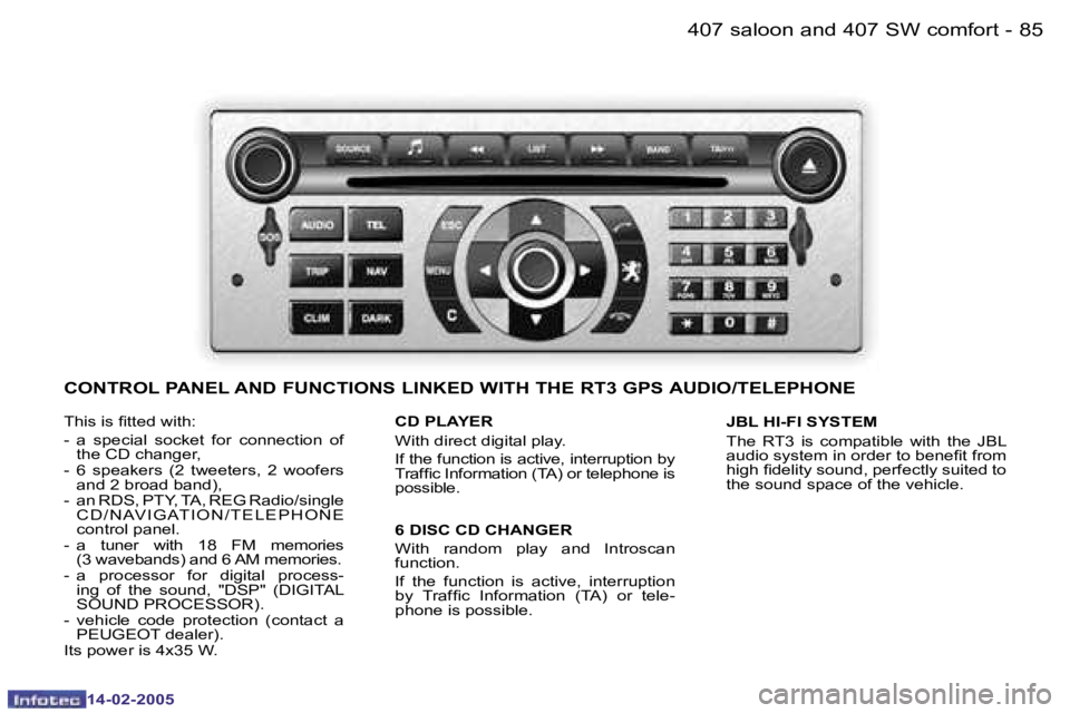Peugeot 407 2005  Owners Manual �8�4 �-
�1�4�-�0�2�-�2�0�0�5
�8�5
�-
�1�4�-�0�2�-�2�0�0�5
�T�h�i�s� �i�s� �i�t�t�e�d� �w�i�t�h�: 
�-�  �a�  �s�p�e�c�i�a�l�  �s�o�c�k�e�t�  �f�o�r�  �c�o�n�n�e�c�t�i�o�n�  �o�f� 
�t�h�e� �C�D� �c�h�a�