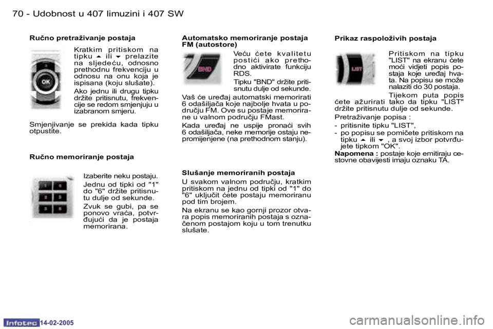 Peugeot 407 2005  Vodič za korisnike (in Croatian) �U�d�o�b�n�o�s�t� �u� �4�0�7� �l�i�m�u�z�i�n�i� �i� �4�0�7� �S�W�7�0 �-
�1�4�-�0�2�-�2�0�0�5
�7�1�U�d�o�b�n�o�s�t� �u� �4�0�7� �l�i�m�u�z�i�n�i� �i� �4�0�7� �S�W�-
�1�4�-�0�2�-�2�0�0�5
�R�u�č�n�o� �p