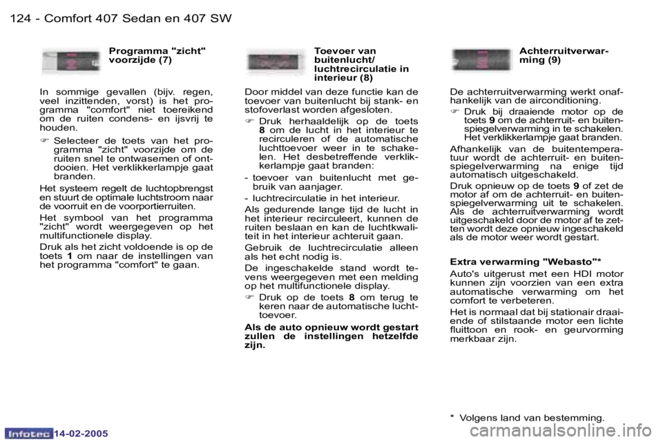 Peugeot 407 2005  Handleiding (in Dutch) �1�2�4 �-
�1�4�-�0�2�-�2�0�0�5
�1�2�5
�-
�1�4�-�0�2�-�2�0�0�5
�P�r�o�g�r�a�m�m�a� �"�z�i�c�h�t�"�  
�v�o�o�r�z�i�j�d�e� �(�7�)
�I�n�  �s�o�m�m�i�g�e�  �g�e�v�a�l�l�e�n�  �(�b�i�j�v�.�  �r�e�g�