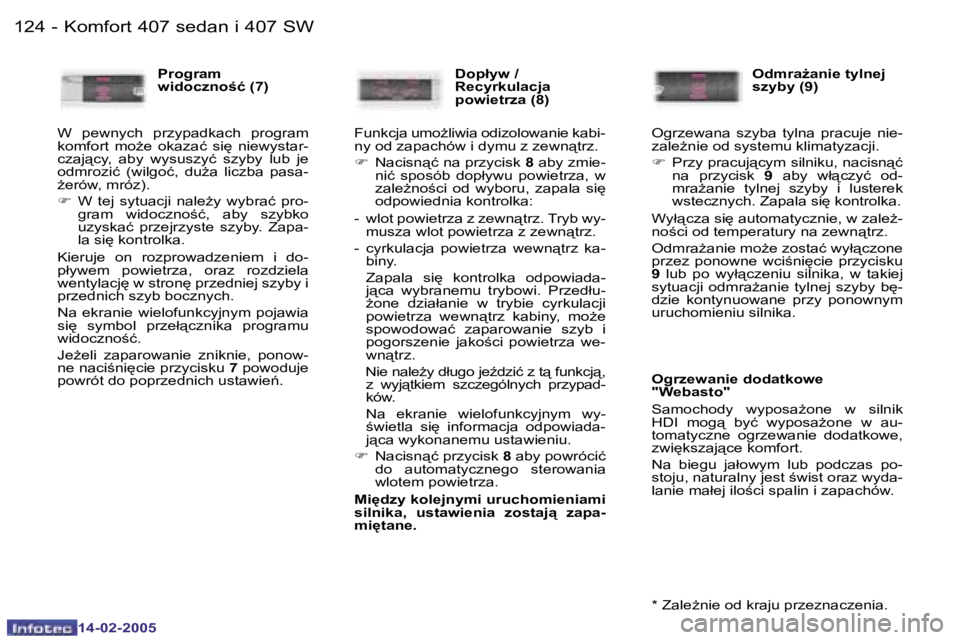 Peugeot 407 2005  Instrukcja Obsługi (in Polish) �K�o�m�f�o�r�t� �4�0�7� �s�e�d�a�n� �i� �4�0�7� �S�W�1�2�4 �-
�1�4�-�0�2�-�2�0�0�5
�1�2�5�K�o�m�f�o�r�t� �4�0�7� �s�e�d�a�n� �i� �4�0�7� �S�W�-
�1�4�-�0�2�-�2�0�0�5
�P�r�o�g�r�a�m�  
�w�i�d�o�c�z�n�o