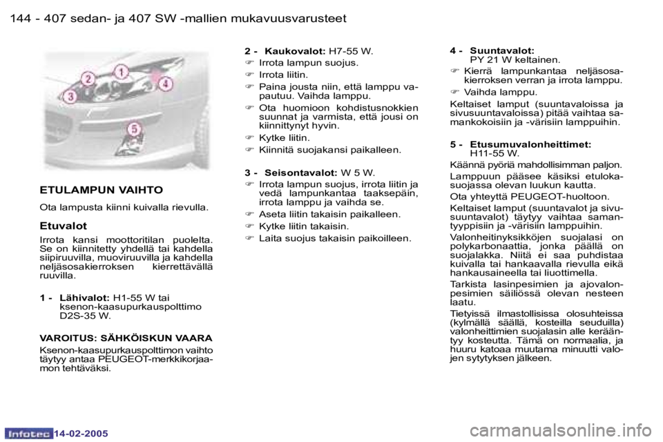 Peugeot 407 2005  Omistajan käsikirja (in Finnish) �1�4�4 �-
�1�4�-�0�2�-�2�0�0�5
�1�4�5
�-
�1�4�-�0�2�-�2�0�0�5
�E�T�U�L�A�M�P�U�N� �V�A�I�H�T�O
�O�t�a� �l�a�m�p�u�s�t�a� �k�i�i�n�n�i� �k�u�i�v�a�l�l�a� �r�i�e�v�u�l�l�a�.
�E�t�u�v�a�l�o�t
�I�r�r�o�t�