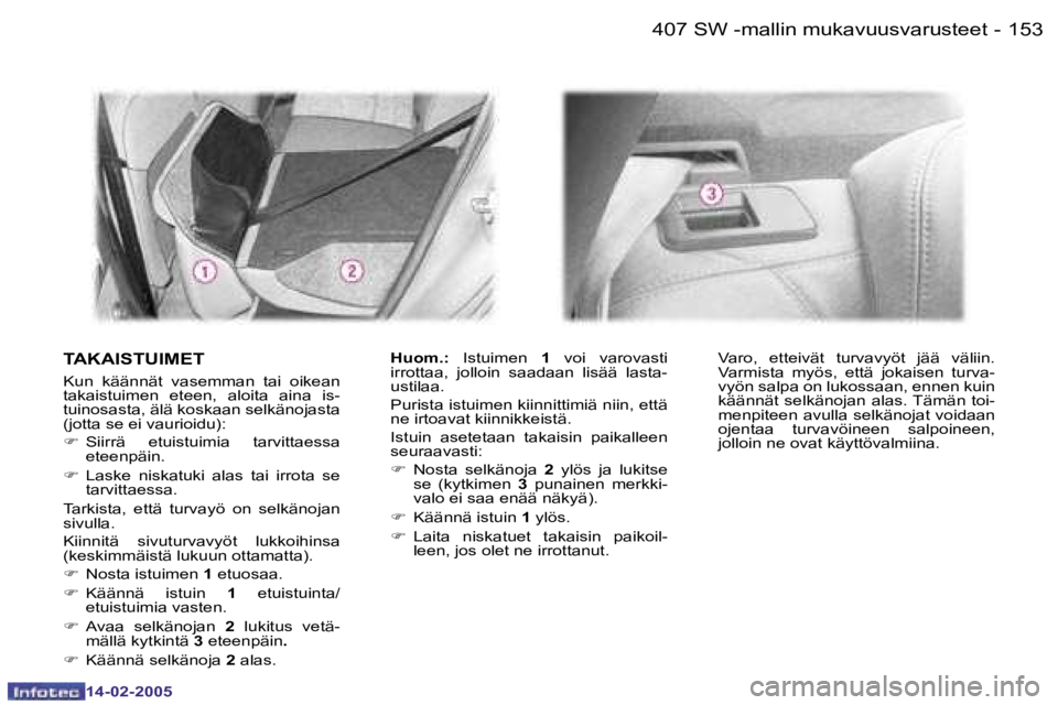 Peugeot 407 2005  Omistajan käsikirja (in Finnish) �1�5�2�1�5�3
�-
�T�A�K�A�I�S�T�U�I�M�E�T 
�K�u�n�  �k�ä�ä�n�n�ä�t�  �v�a�s�e�m�m�a�n�  �t�a�i�  �o�i�k�e�a�n�  
�t�a�k�a�i�s�t�u�i�m�e�n�  �e�t�e�e�n�,�  �a�l�o�i�t�a�  �a�i�n�a�  �i�s�-
�t�u�i�n�o