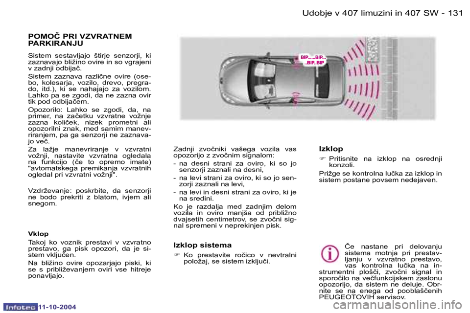 Peugeot 407 2004.5  Priročnik za lastnika (in Slovenian) �1�3�0 �-
�1�1�-�1�0�-�2�0�0�4
�1�3�1
�-
�1�1�-�1�0�-�2�0�0�4
�P�O�M�O�Č� �P�R�I� �V�Z�V�R�A�T�N�E�M�  
�P�A�R�K�I�R�A�N�J�U
�S�i�s�t�e�m�  �s�e�s�t�a�v�l�j�a�j�o�  �š�t�i�r�j�e�  �s�e�n�z�o�r�j�i�,