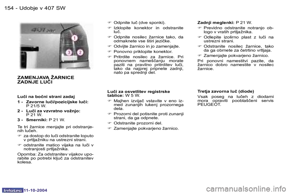 Peugeot 407 2004.5  Priročnik za lastnika (in Slovenian) �1�5�4 �-�1�5�5
�-
�Z�A�M�E�N�J�A�V�A� �Ž�A�R�N�I�C�E�  
�Z�A�D�N�J�E� �L�U�Č�I
�L�u�č�i� �n�a� �b�o�č�n�i� �s�t�r�a�n�i� �z�a�d�a�j
�1� �-�  �Z�a�v�o�r�n�e� �l�u�č�i�/�p�o�z�i�c�i�j�s�k�e� �l�u�