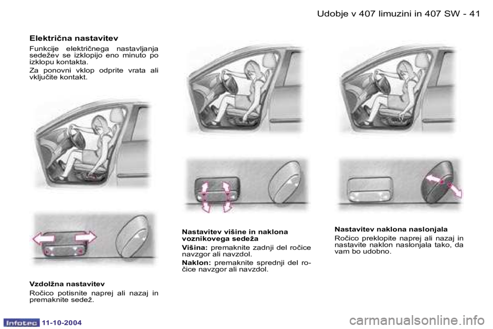 Peugeot 407 2004.5  Priročnik za lastnika (in Slovenian) �4�0 �-
�1�1�-�1�0�-�2�0�0�4
�4�1
�-
�1�1�-�1�0�-�2�0�0�4
�E�l�e�k�t�r�i�č�n�a� �n�a�s�t�a�v�i�t�e�v
�F�u�n�k�c�i�j�e�  �e�l�e�k�t�r�i�č�n�e�g�a�  �n�a�s�t�a�v�l�j�a�n�j�a�  
�s�e�d�e�ž�e�v�  �s�e�