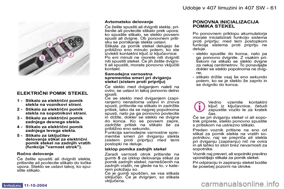 Peugeot 407 2004.5  Priročnik za lastnika (in Slovenian) �6�0 �-
�1�1�-�1�0�-�2�0�0�4
�6�1
�-
�1�1�-�1�0�-�2�0�0�4
�E�L�E�K�T�R�I�Č�N�I� �P�O�M�I�K� �S�T�E�K�E�L
�1� �-�  �S�t�i�k�a�l�o� �z�a� �e�l�e�k�t�r�i�č�n�i� �p�o�m�i�k� 
�s�t�e�k�l�a� �n�a� �v�o�z�
