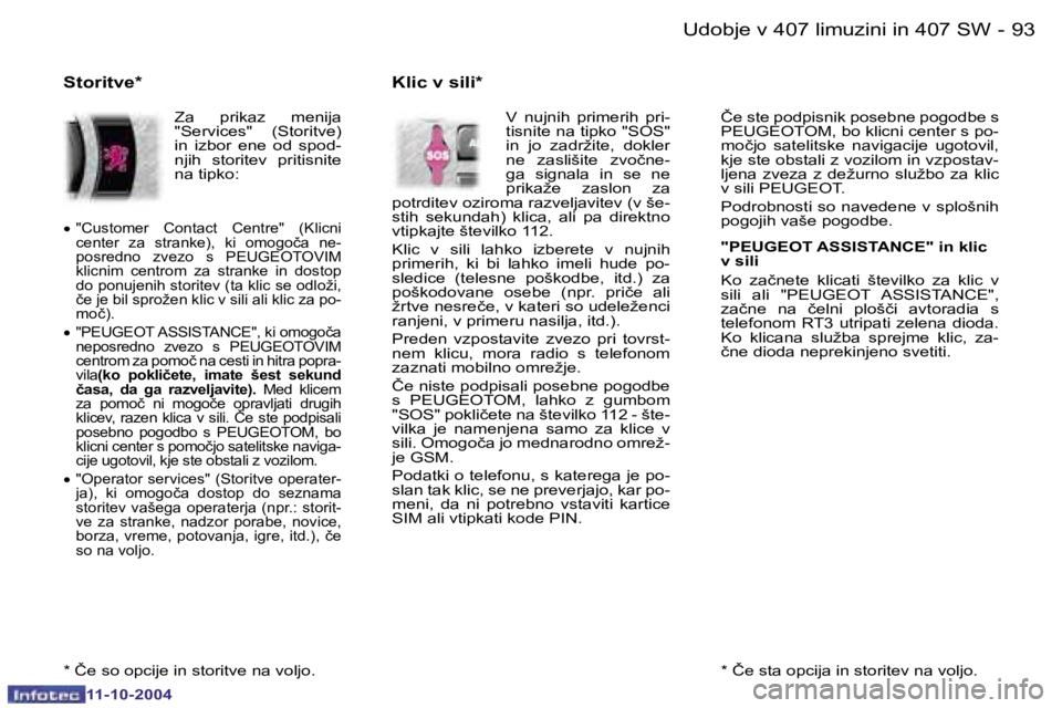Peugeot 407 2004.5  Priročnik za lastnika (in Slovenian) �9�2 �-
�1�1�-�1�0�-�2�0�0�4
�9�3
�-
�1�1�-�1�0�-�2�0�0�4
�*� �Č�e� �s�t�a� �o�p�c�i�j�a� �i�n� �s�t�o�r�i�t�e�v� �n�a� �v�o�l�j�o�.� 
�Č�e� �s�t�e� �p�o�d�p�i�s�n�i�k� �p�o�s�e�b�n�e� �p�o�g�o�d�b�