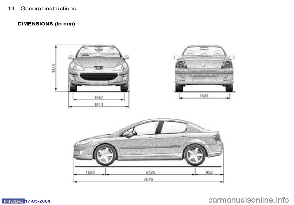 Peugeot 407 2004  Owners Manual �1�4 �-
�1�7�-�0�5�-�2�0�0�4
�1�5
�-
�1�7�-�0�5�-�2�0�0�4
�D�I�M�E�N�S�I�O�N�S� �(�i�n� �m�m�) �G�e�n�e�r�a�l� �i�n�s�t�r�u�c�t�i�o�n�s  