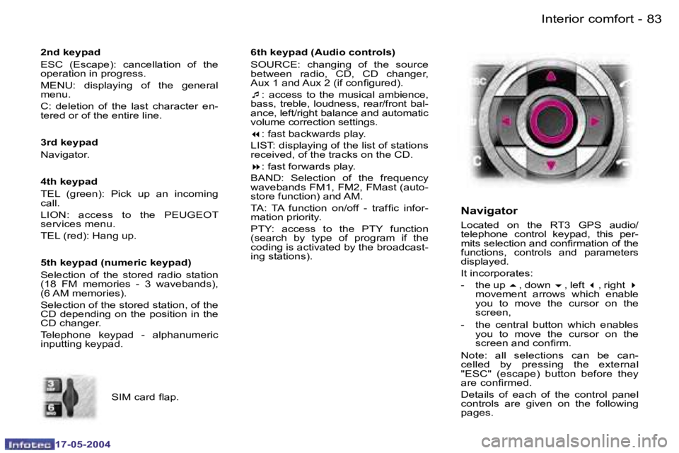 Peugeot 407 2004  Owners Manual �8�2 �-
�1�7�-�0�5�-�2�0�0�4
�8�3
�-
�1�7�-�0�5�-�2�0�0�4
�S�I�M� �c�a�r�d� �l�a�p�.
�2�n�d� �k�e�y�p�a�d
�E�S�C�  �(�E�s�c�a�p�e�)�:�  �c�a�n�c�e�l�l�a�t�i�o�n�  �o�f�  �t�h�e�  
�o�p�e�r�a�t�i�o�n� 