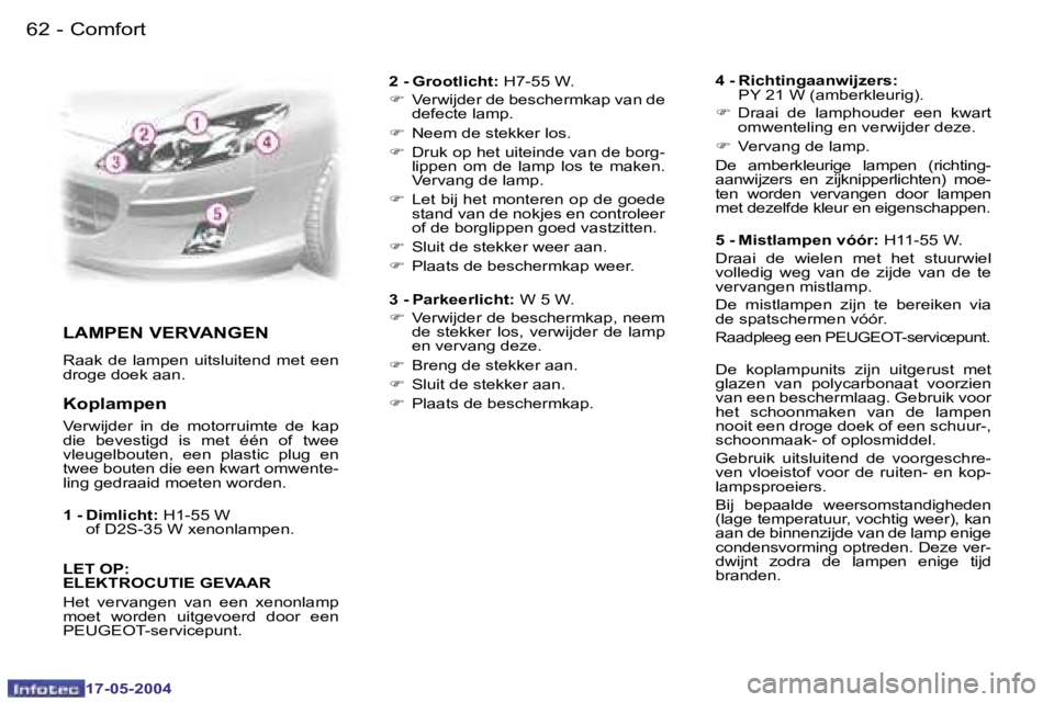 Peugeot 407 2004  Handleiding (in Dutch) �6�2 �-
�1�7�-�0�5�-�2�0�0�4
�6�3
�-
�1�7�-�0�5�-�2�0�0�4
�L�A�M�P�E�N� �V�E�R�V�A�N�G�E�N
�R�a�a�k�  �d�e�  �l�a�m�p�e�n�  �u�i�t�s�l�u�i�t�e�n�d�  �m�e�t�  �e�e�n�  
�d�r�o�g�e� �d�o�e�k� �a�a�n�.
�