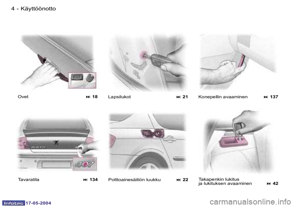 Peugeot 407 2004  Omistajan käsikirja (in Finnish) �4 �-
�1�7�-�0�5�-�2�0�0�4
�5
�-
�1�7�-�0�5�-�2�0�0�4
�O�v�e�t� �:� �1�8
�L�a�p�s�i�l�u�k�o�t�  �:� �2�1�K�o�n�e�p�e�l�l�i�n� �a�v�a�a�m�i�n�e�n� �:� �1�3�7
�T�a�v�a�r�a�t�i�l�a
�  � �:� �1�3�4 �P�o�l