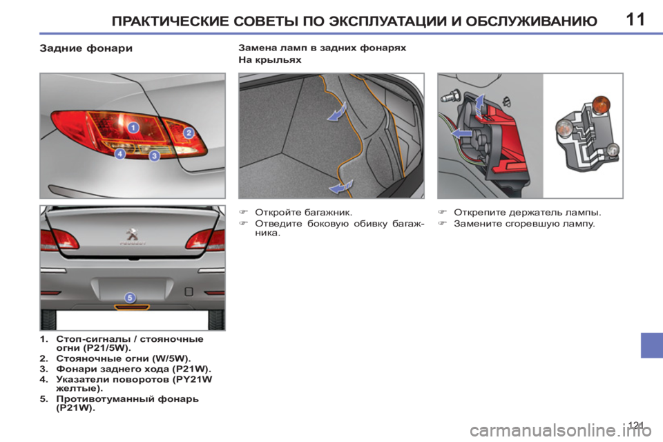 Peugeot 408 2012  Инструкция по эксплуатации (in Russian) 11
121
ПРАКТИЧЕСКИЕ СОВЕТЫ ПО ЭКСПЛУАТАЦИИ И ОБСЛУЖИВАНИЮ
 
 
 
 
 
 
 
 
 
 
 
 
 
 
 
 
 
 
 
 
 
 
 
 
 
 
 
 
 
 
 
 
 
 
Задние фонари 
 
