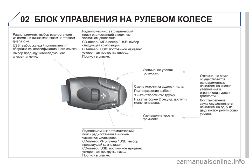 Peugeot 408 2012 Инструкция по эксплуатации (in Russian) 145
02БЛОК УПРАВЛЕНИЯ НА РУЛЕВОМ КОЛЕСЕ
Радиоприемник: выбор радиостанциииз памяти в нижнем/верхнем частотном Peugeot 408 2012 Инструкция по эксплуатации (in Russian) 145
02БЛОК УПРАВЛЕНИЯ НА РУЛЕВОМ КОЛЕСЕ
Радиоприемник: выбор радиостанциииз памяти в нижнем/верхнем частотном