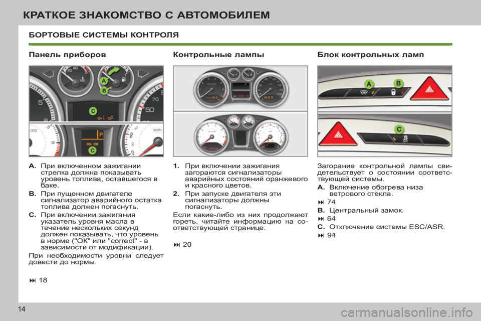 Peugeot 408 2012  Инструкция по эксплуатации (in Russian) 14
КРАТКОЕ ЗНАКОМСТВО С АВТОМОБИЛЕМ
 
БОРТОВЫЕ СИСТЕМЫ КОНТРОЛЯ
   
Панель приборов   
Блок контрольных ламп 
 
 
 