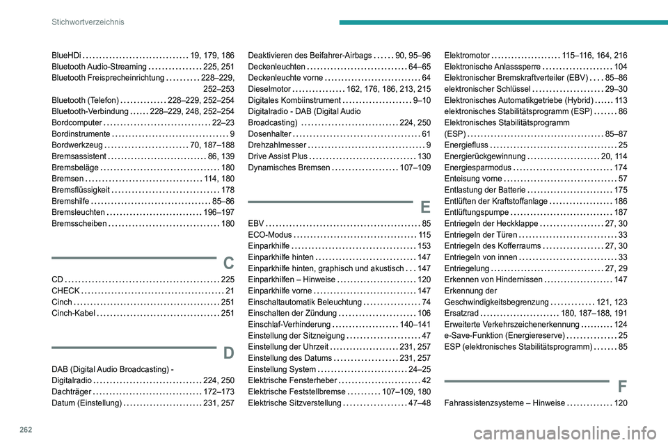 Peugeot 508 2020 Betriebsanleitung (in German) 262
Stichwortverzeichnis
BlueHDi 19, 179, 186
Bluetooth Audio-Streaming
225, 251
Bluetooth Freisprecheinrichtung
228–229, 252–253
Bluetooth (Telefon)
228–229, 252–254
Bluetoo Peugeot 508 2020 Betriebsanleitung (in German) 262
Stichwortverzeichnis
BlueHDi 19, 179, 186
Bluetooth Audio-Streaming
225, 251
Bluetooth Freisprecheinrichtung
228–229, 252–253
Bluetooth (Telefon)
228–229, 252–254
Bluetoo