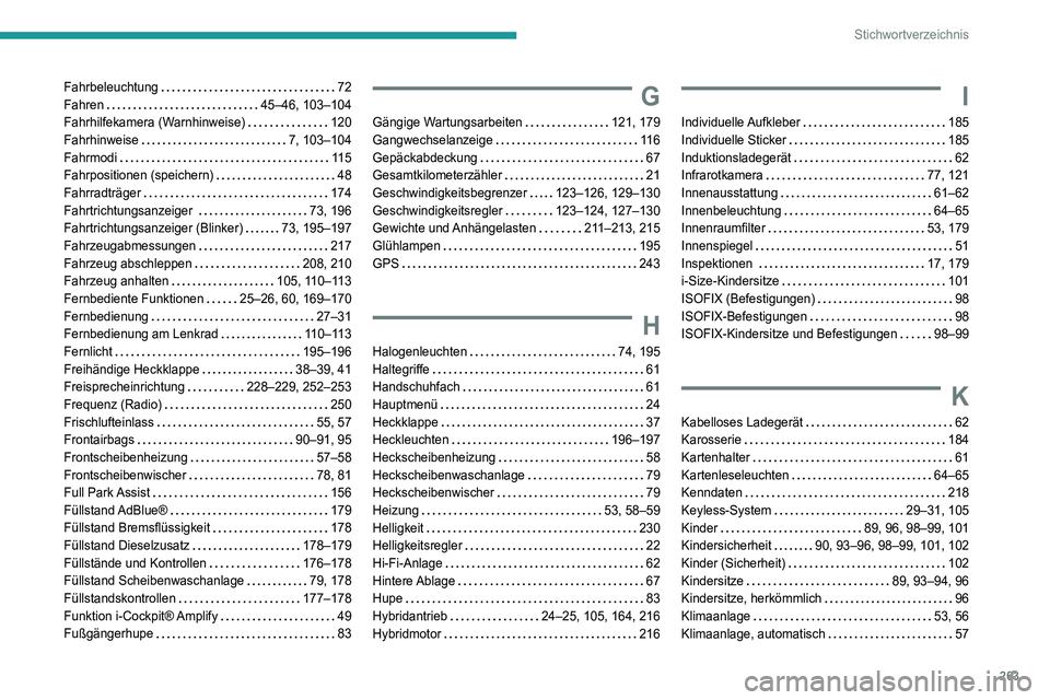 Peugeot 508 2020 Betriebsanleitung (in German) 263
Stichwortverzeichnis
Fahrbeleuchtung 72
Fahren
45–46, 103–104
Fahrhilfekamera (Warnhinweise)
120
Fahrhinweise
7, 103–104
Fahrmodi
11 5
Fahrpositionen (speichern)
Peugeot 508 2020 Betriebsanleitung (in German) 263
Stichwortverzeichnis
Fahrbeleuchtung 72
Fahren
45–46, 103–104
Fahrhilfekamera (Warnhinweise)
120
Fahrhinweise
7, 103–104
Fahrmodi
11 5
Fahrpositionen (speichern)
