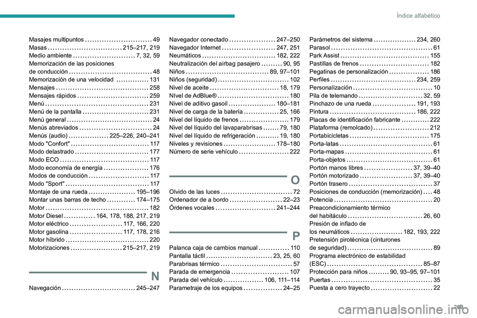 Peugeot 508 2020  Manual del propietario (in Spanish) 269
Índice alfabético
Masajes multipuntos     49
Masas     
215–217, 219
Medio ambiente
    
7, 32, 59
Memorización de las posiciones  
de conducción
    
48
Memorización de una velocidad 
    