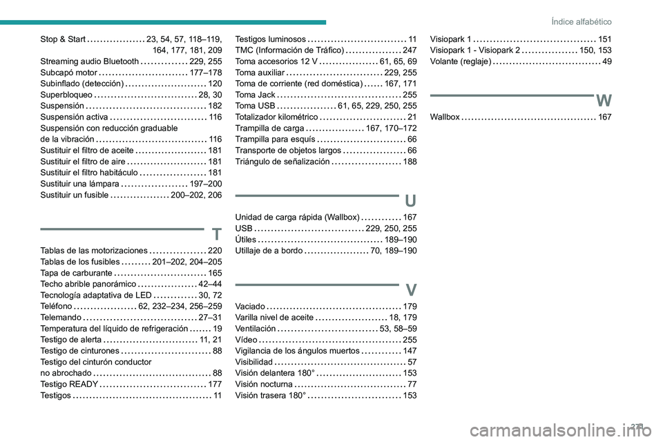 Peugeot 508 2020  Manual del propietario (in Spanish) 271
Índice alfabético
Stop & Start     23, 54, 57, 118–119,  
164, 177, 181, 209
Streaming audio Bluetooth
    
229, 255
Subcapó motor
    
177–178
Subinflado (detección)
    
120
Superbloqueo
