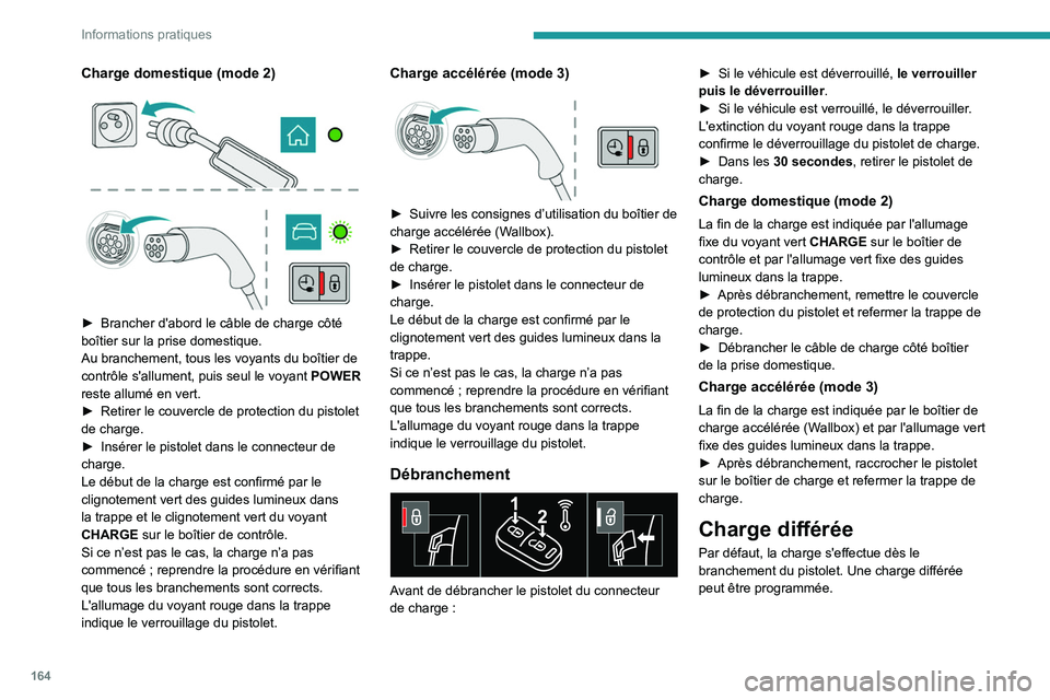 Peugeot 508 2020 Manuel du propriétaire (in French) 164
Informations pratiques
Charge domestique (mode 2)
► Brancher d'abord le câble de charge côté
boîtier sur la prise domestique.
Au branchement, tous les voyants du boîtier de
con Peugeot 508 2020 Manuel du propriétaire (in French) 164
Informations pratiques
Charge domestique (mode 2)
► Brancher d'abord le câble de charge côté
boîtier sur la prise domestique.
Au branchement, tous les voyants du boîtier de
con