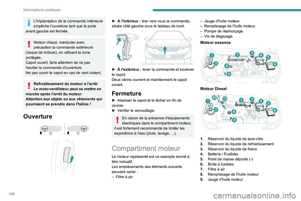 Peugeot 508 2020 Manuel du propriétaire (in French) 170
Informations pratiques
L'implantation de la commande intérieure
empêche l'ouverture tant que la porte
avant gauche est fermée.
Moteur chaud, manipuler avec
précaution la commande ex Peugeot 508 2020 Manuel du propriétaire (in French) 170
Informations pratiques
L'implantation de la commande intérieure
empêche l'ouverture tant que la porte
avant gauche est fermée.
Moteur chaud, manipuler avec
précaution la commande ex