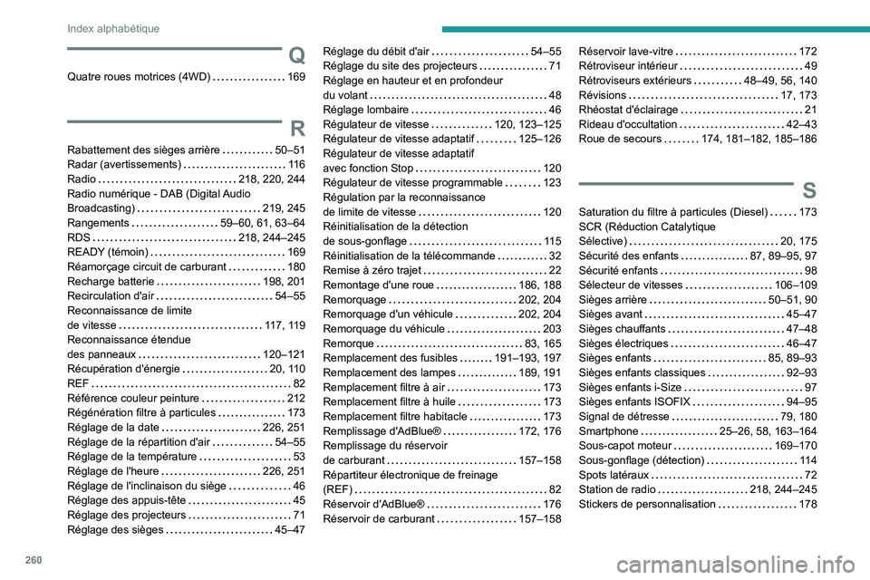 Peugeot 508 2020 Manuel du propriétaire (in French) 260
Index alphabétique
Q
Quatre roues motrices (4WD) 169
R
Rabattement des sièges arrière 50–51
Radar (avertissements)
11 6
Radio
218, 220, 244
Radio numérique - DAB (Digital Au Peugeot 508 2020 Manuel du propriétaire (in French) 260
Index alphabétique
Q
Quatre roues motrices (4WD) 169
R
Rabattement des sièges arrière 50–51
Radar (avertissements)
11 6
Radio
218, 220, 244
Radio numérique - DAB (Digital Au