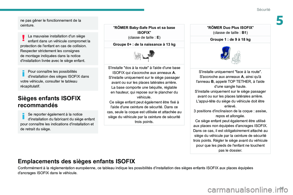 Peugeot 508 2020  Manuel du propriétaire (in French) 95
Sécurité
5ne pas gêner le fonctionnement de la 
ceinture.
La mauvaise installation d'un siège 
enfant dans un véhicule compromet la 
protection de l'enfant en cas de collision.
Respect