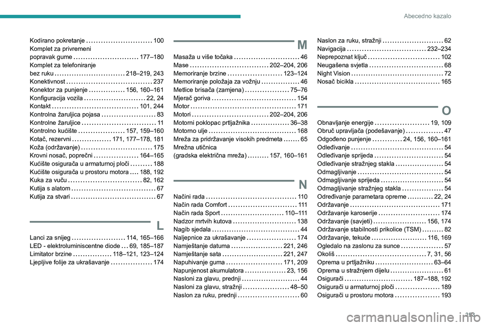 Peugeot 508 2020  Vodič za korisnike (in Croatian) 253
Abecedno kazalo
Kodirano pokretanje   100Komplet za privremeni  popravak gume   177–180Komplet za telefoniranje   bez ruku   218–219, 243Konektivnost   237Konektor za punjenje   156, 160–161