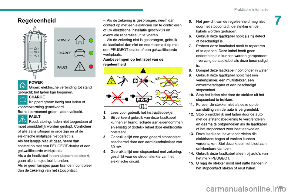 Peugeot 508 2020 Handleiding (in Dutch) 169
Praktische informatie
7Regeleenheid
POWER
Groen: elektrische verbinding tot stand
gebracht; het laden kan beginnen.
CHARGE
Knippert groen: bezig met laden of
voorverwarming geactiveerd.
Bran Peugeot 508 2020 Handleiding (in Dutch) 169
Praktische informatie
7Regeleenheid
POWER
Groen: elektrische verbinding tot stand
gebracht; het laden kan beginnen.
CHARGE
Knippert groen: bezig met laden of
voorverwarming geactiveerd.
Bran