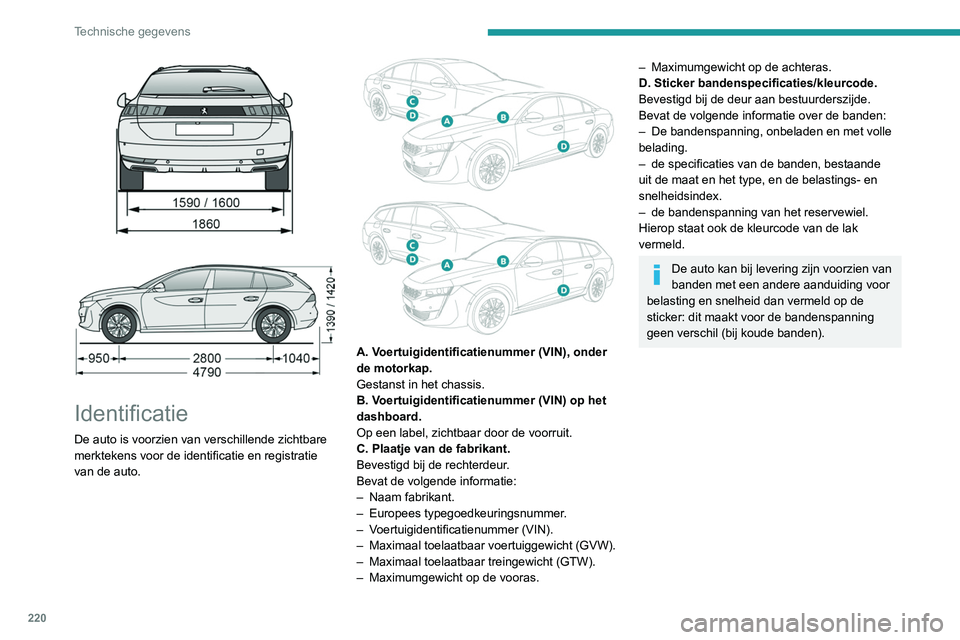 Peugeot 508 2020 Handleiding (in Dutch) 220
Technische gegevens
Identificatie
De auto is voorzien van verschillende zichtbare
merktekens voor de identificatie en registratie
van de auto.
A. Voertuigidentificatienummer (VIN), ond Peugeot 508 2020 Handleiding (in Dutch) 220
Technische gegevens
Identificatie
De auto is voorzien van verschillende zichtbare
merktekens voor de identificatie en registratie
van de auto.
A. Voertuigidentificatienummer (VIN), ond