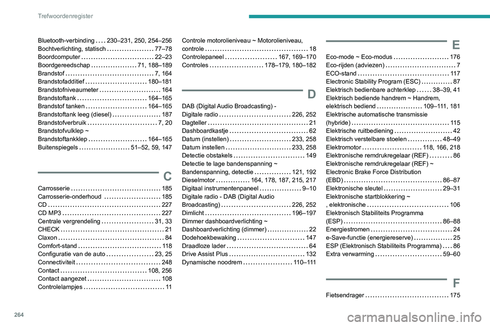 Peugeot 508 2020 Handleiding (in Dutch) 264
Trefwoordenregister
Bluetooth-verbinding 230–231, 250, 254–256
Bochtverlichting, statisch
77–78
Boordcomputer
22–23
Boordgereedschap
71, 188–189
Brandstof
7, 164
Peugeot 508 2020 Handleiding (in Dutch) 264
Trefwoordenregister
Bluetooth-verbinding 230–231, 250, 254–256
Bochtverlichting, statisch
77–78
Boordcomputer
22–23
Boordgereedschap
71, 188–189
Brandstof
7, 164