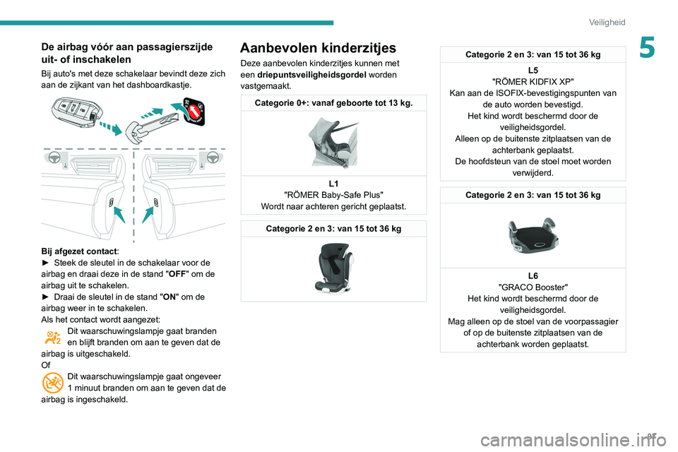 Peugeot 508 2020 Handleiding (in Dutch) 97
Veiligheid
5De airbag vóór aan passagierszijde
uit- of inschakelen
Bij auto's met deze schakelaar bevindt deze zich
aan de zijkant van het dashboardkastje.
Bij afgezet contact:
► Stee Peugeot 508 2020 Handleiding (in Dutch) 97
Veiligheid
5De airbag vóór aan passagierszijde
uit- of inschakelen
Bij auto's met deze schakelaar bevindt deze zich
aan de zijkant van het dashboardkastje.
Bij afgezet contact:
► Stee
