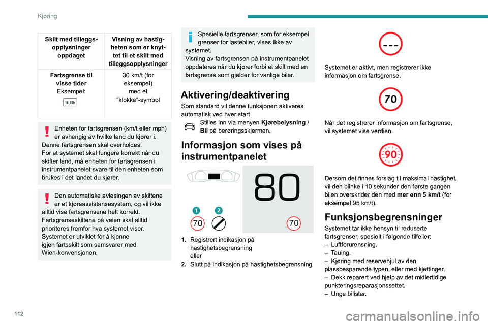 Peugeot 508 2020 Brukerhåndbok (in Norwegian) 11 2
Kjøring
Skilt med tilleggs-opplysninger oppdaget Visning av hastig-
heten som er knyt- tet til et skilt med
tilleggsopplysninger
Fartsgrense til visse tiderEksempel:
30 km/t (for
eksempel Peugeot 508 2020 Brukerhåndbok (in Norwegian) 11 2
Kjøring
Skilt med tilleggs-opplysninger oppdaget Visning av hastig-
heten som er knyt- tet til et skilt med
tilleggsopplysninger
Fartsgrense til visse tiderEksempel:
30 km/t (for
eksempel
