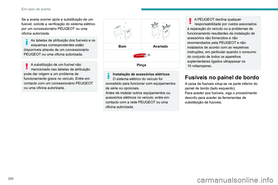 Peugeot 508 2020  Manual do proprietário (in Portuguese) 200
Em caso de avaria
Tabelas de fusíveis
Caixa 1 
 
Fusível n.°Intensidade (A) Funções
F1 10 ARetrovisores “eletrocromáticos”.
F3 5 ALâmpadas traseiras 3D adaptativas.
F4 15 ABuzina.
F5 20