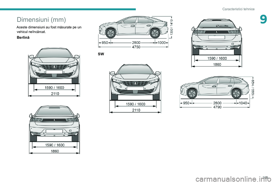 Peugeot 508 2020  Manualul de utilizare (in Romanian) 209
Caracteristici tehnice
9Dimensiuni (mm)
Aceste dimensiuni au fost măsurate pe un vehicul neîncărcat.
Berlină 
  
 
SW 
  
   