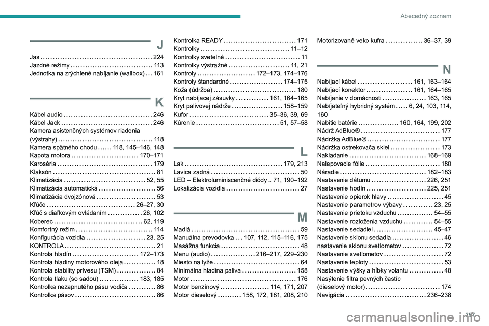 Peugeot 508 2020  Užívateľská príručka (in Slovak) 257
Abecedný zoznam
J
Jas   224Jazdné režimy   11 3Jednotka na zrýchlené nabíjanie (wallbox)   161
K
Kábel audio   246Kábel Jack   246Kamera asistenčných systémov riadenia (výstrahy)   11 