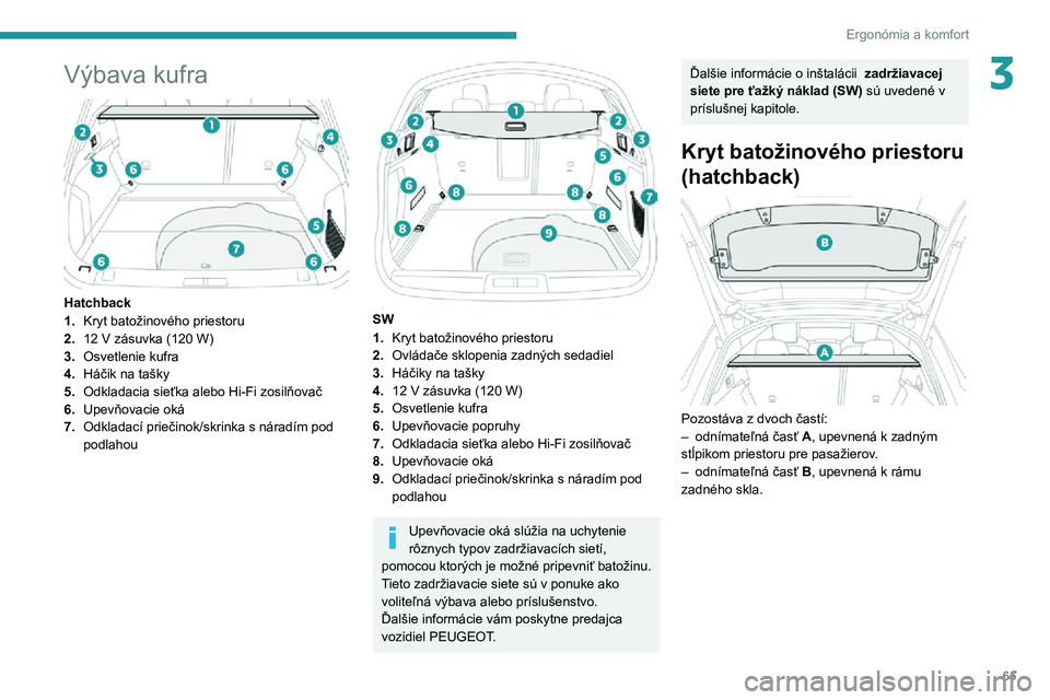 Peugeot 508 2020  Užívateľská príručka (in Slovak) 65
Ergonómia a komfort
3Výbava kufra 
 
Hatchback
1.Kryt batožinového priestoru
2.
12 V zásuvka (120 W)
3. Osvetlenie kufra
4. Háčik na tašky
5. Odkladacia sieťka alebo Hi-Fi zosilňovač
6. 