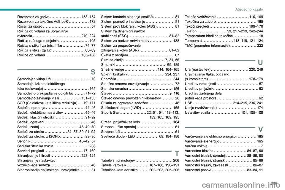 Peugeot 508 2020  Priročnik za lastnika (in Slovenian) 255
Abecedno kazalo
Rezervoar za gorivo   153–154Rezervoar za tekočino AdBlue®   172Ročaji za oporo   57Ročica ob volanu za upravljanje  avtoradia   210, 224Ročica ročnega menjalnika   105Roč