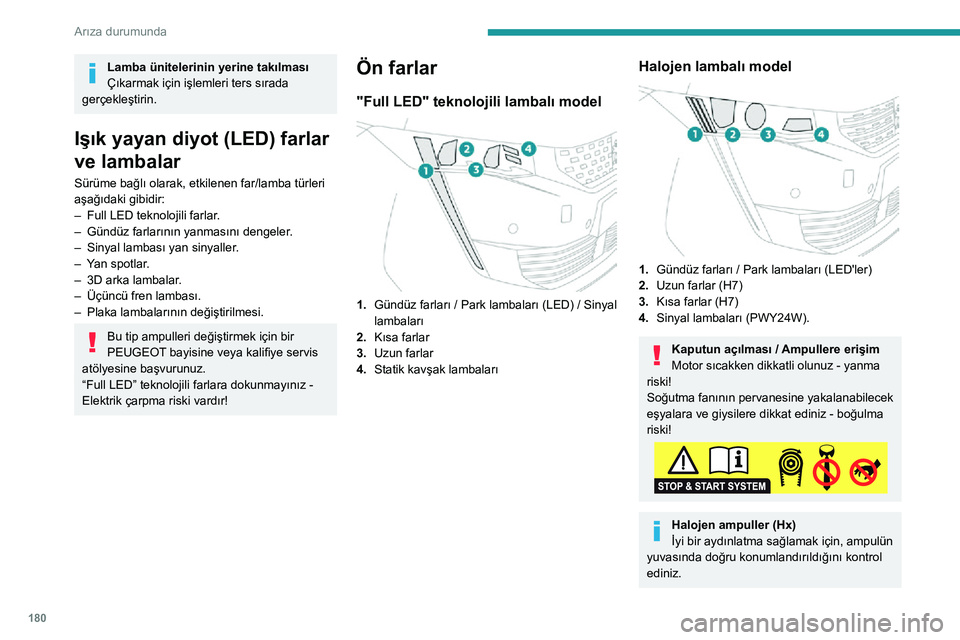 Peugeot 508 2020 Kullanım Kılavuzu (in Turkish) 180
Arıza durumunda
Lamba ünitelerinin yerine takılması
Çıkarmak için işlemleri ters sırada
gerçekleştirin.
Işık yayan diyot (LED) farlar
ve lambalar
Sürüme bağlı olarak, etkilenen Peugeot 508 2020 Kullanım Kılavuzu (in Turkish) 180
Arıza durumunda
Lamba ünitelerinin yerine takılması
Çıkarmak için işlemleri ters sırada
gerçekleştirin.
Işık yayan diyot (LED) farlar
ve lambalar
Sürüme bağlı olarak, etkilenen