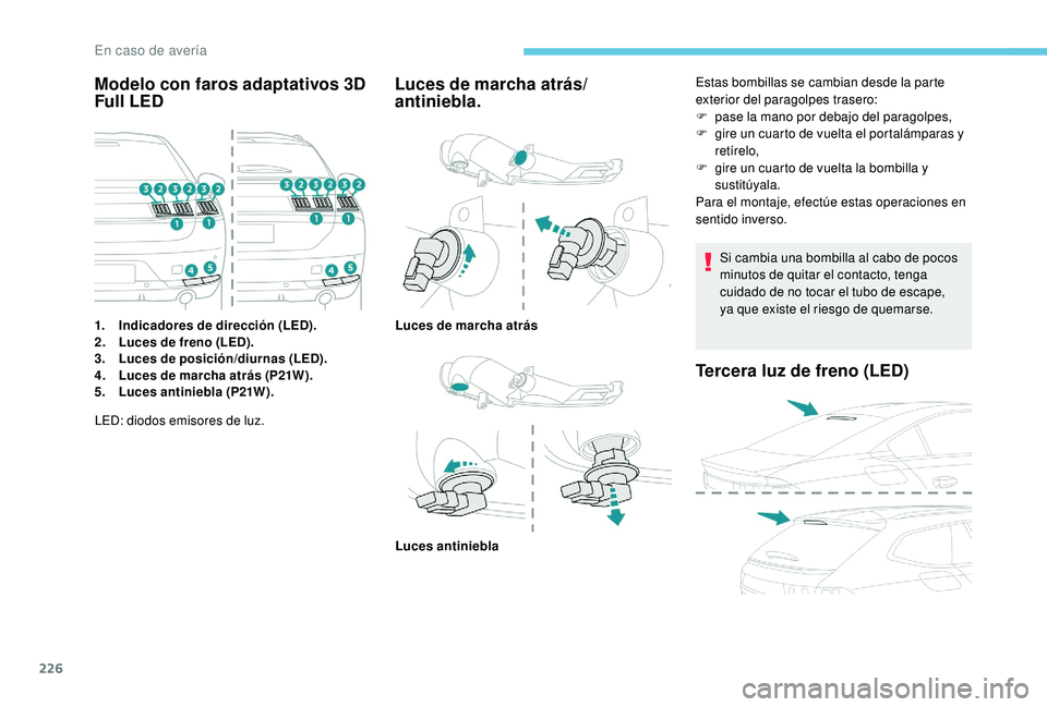 Peugeot 508 2019  Manual del propietario (in Spanish) 226
Modelo con faros adaptativos 3D 
Full LED
1.Indicadores de dirección (LED).
2. Luces de freno (LED).
3. Luces de posición/diurnas (LED).
4. Luces de marcha atrás (P21W).
5. Luces antiniebla (P2